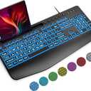 SABLUTE Large Print Backlit Keyboard, Wired USB Computer Keyboards with 7-Colors Backlight, Wrist Rest, Phone Holder, Oversized Letter Keys Easy to See and Type for Laptop, PC, Windows, Black