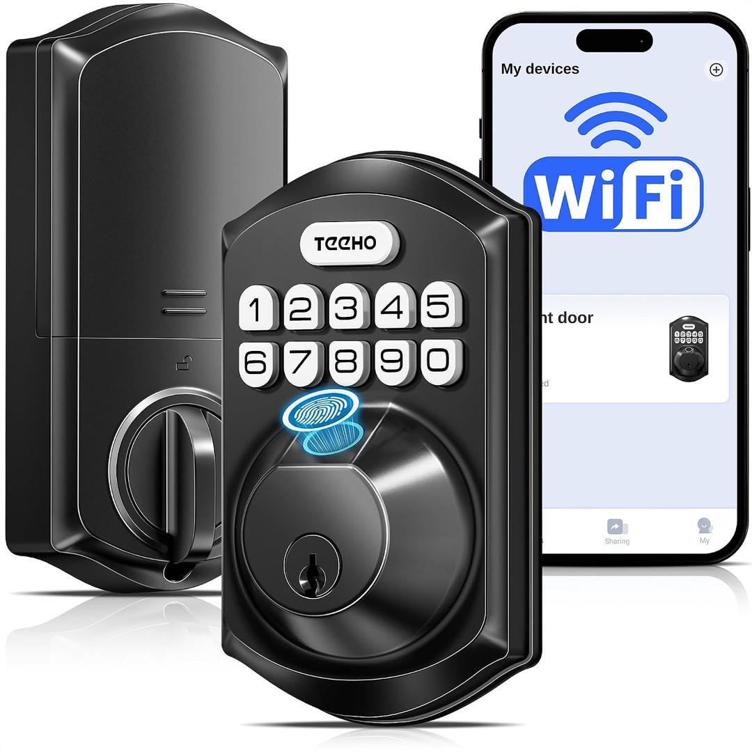 TEEHO TE012W WiFi Smart Lock, Fingerprint Door Lock with Built-in Wi-Fi, Keyless Entry Keypad Smart Deadbolt, App Remote Control, Alexa Compatible, IP55 Waterproof for Front Door Matte Black