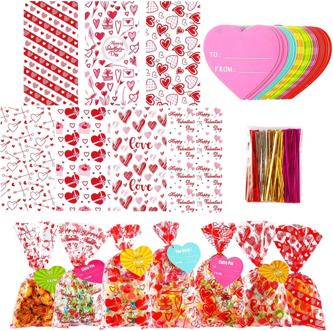 182 PCS Valentines Gift Bags Valentine Cellophane Bags, 7 Assorted Styles Valentine Treat Bags Valentine Goodies Bags with 35 PCS Gift Tags & 200 PCS Twist Ties for Valentines Party Favors Supplies
