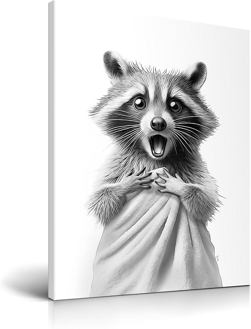 HesenDot Raccoon in Towel Framed Wall Art,12x16in Funny Animal Bathroom Canvas Print, Black and White Raccoon Poster,Cute Racoon Picture Wall Decor for Bathroom Kid Room Bedroom Nursery Home, 1 Pack