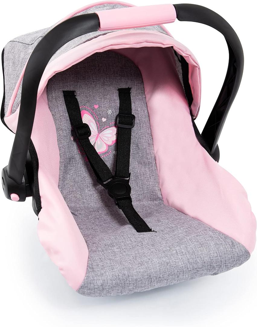 Bayer Design 67933AA Toy, Car Seat Easy Go for Neo Vario Pram with Cover, Doll Accessories, Pink, Grey with Butterfly,Grey/Pink, for dolls up to 18"