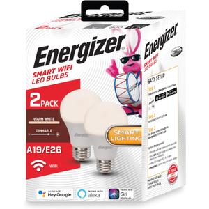 XTREME Energizer Smart Wi-Fi LED Light Bulb, Warm White, 60W, 800 Lumens, Compatible with Alexa, Google Assistant and Siri, Control from Anywhere with App, Custom Schedules, 2-Pack