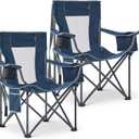 2 Pack Oversized Camping Chairs, Folding Outdoor Chair Support 400 Lb, Blue | Lightweight Lawn Chairs with Cup Holders, Side Pocket & Cooler Bag, Portable Camp Chair for Outside, Tailgating, Sports, Twin Pack