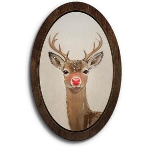 YZSLA Red Nose Reindeer Christmas Deer Framed Wall Art Decor, Christmas Home Room Decor, Rustic Winter Xmas Red Deer Holiday Wooden Oval Wall Decorations for Home Bedroom Living Room, 15.74x10.23