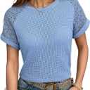 Women's Waffle Knit Tops Going Out Short Sleeve T Shirts Trendy Summer Tunic Casual Hollow Out Crochet Blouses (Blue, M)