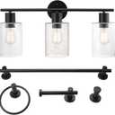Globe Electric 51851 Bristol 5-Piece All-in-One Bathroom Set, Matte Black, 3-Light Vanity Light with Seeded Glass Shades, Towel Bar, Towel Ring, Robe Hook, Toilet Paper Holder