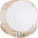 12 Pack White Charger Plates with Gold Rim, 13" Plastic Round Dinner Charger Dessert Plates Vintage Charger Serving Plates for Catering, Wedding, Tabletop Decor(Gold Floral Trim)