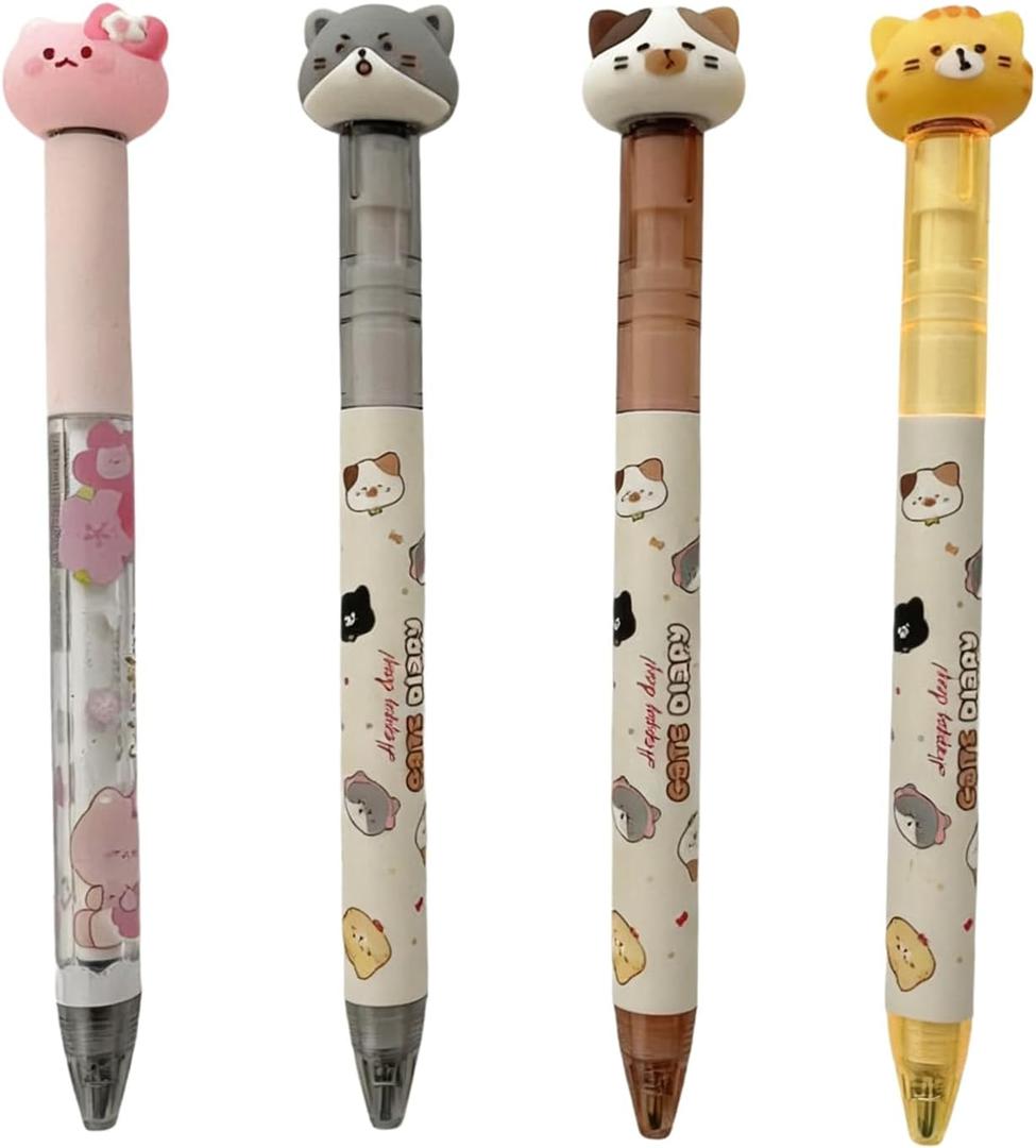 (4pcs) Cat Pens,fidget Spinner pen, 0.5 mm Gel Ink Pen, touch points for anxiety pen,Fidget Ball Stress Relief spinning pen for adults school office supplies gifts