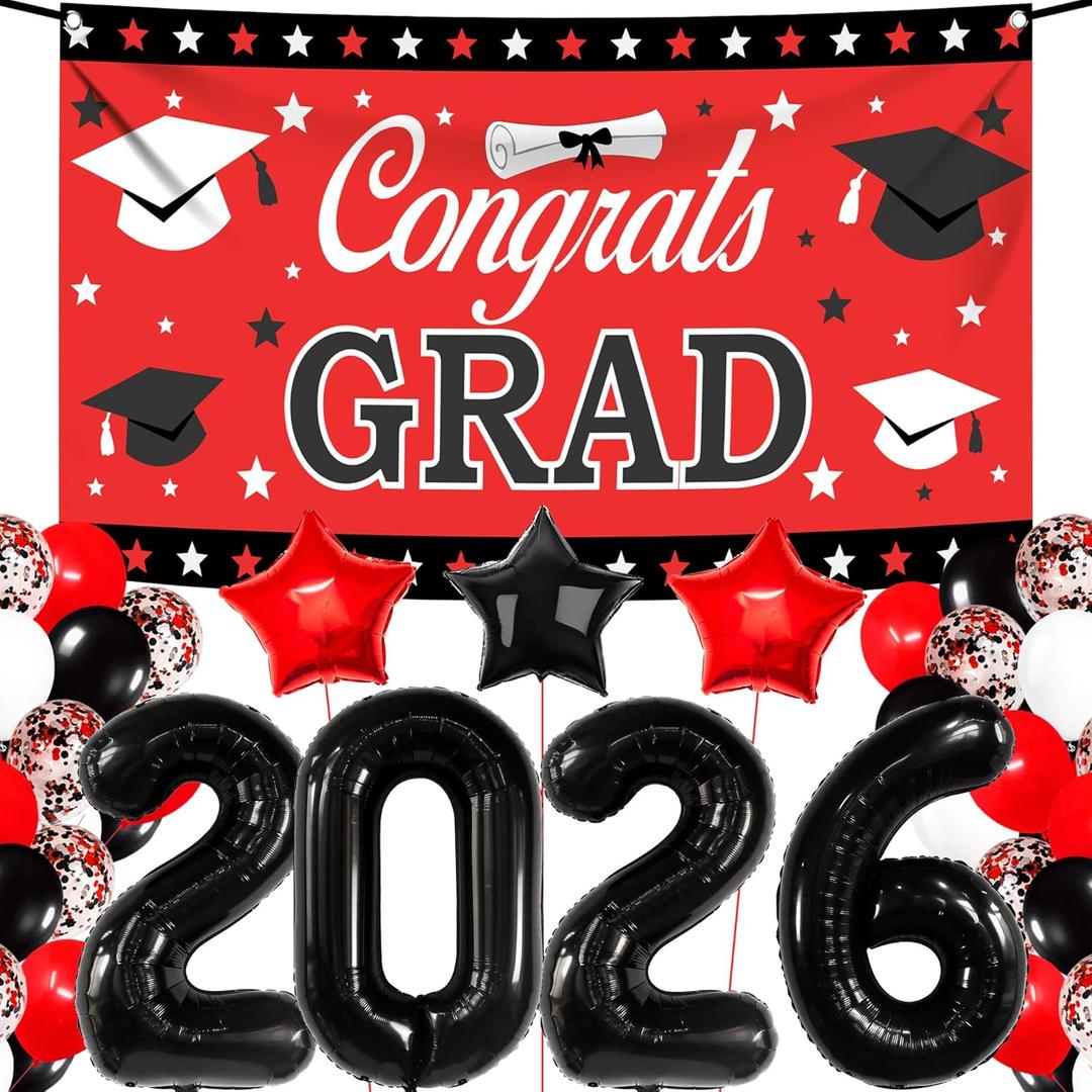 KatchOn, Red and Black Graduation Decorations 2026 Set - Pack of 40 | Black 2026 Balloons, Congrats Grad Banner | Graduation Decorations Class of 2026 Red and Black | 2026 Graduation Party Decorations