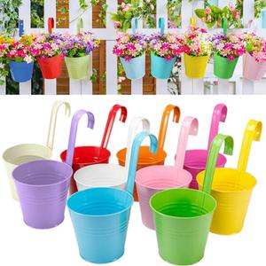 Hanging Planters, 10 Pack 6.3" x 4.7" x 5.3" Removable Hanging Flower Pot Hook Metal Bucket for Railing Fence Balcony Garden Suitable for Indoor and Outdoor(10 Colors 10 Pieces)