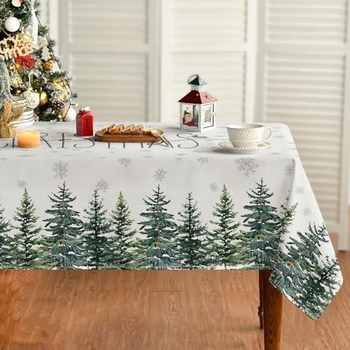 Horaldaily Christmas Tablecloth 60×84 Inch Rectangular, Winter Snow Trees White Washable Table Cover for Party Picnic Dinner Decor