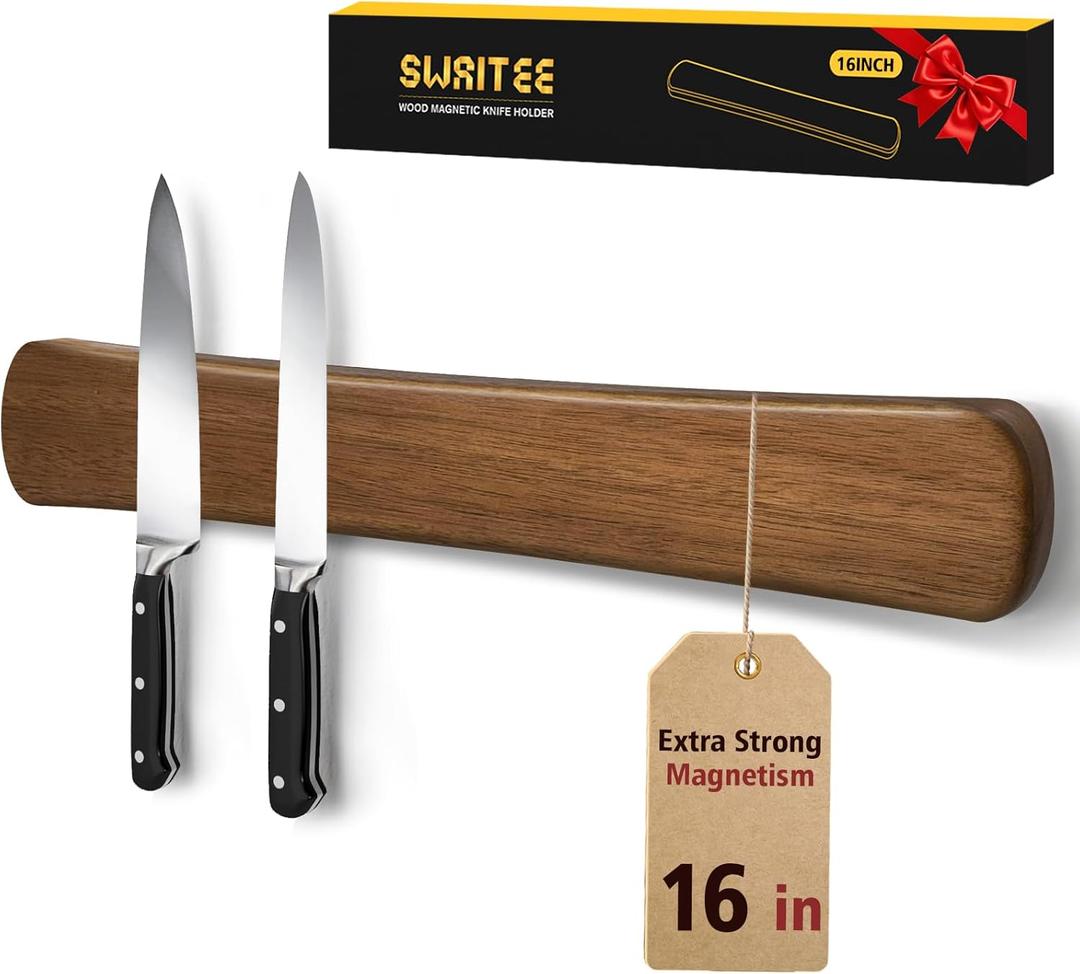 Swaitee Magnetic Knife Holder for Wall, 16 Inch Wood Knife Strip with Strong Magnetism, Kitchen Accessories Organizer, Housewarming Gifts for New Home, Storage Space Savers for Apartment/Rv/Farmhouse (Brown)
