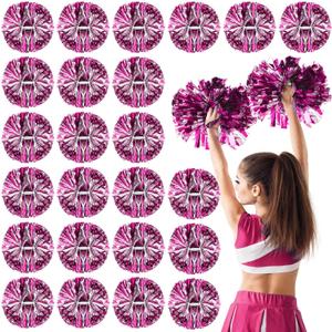 Yunsailing 24 Pack Cheerleading Pom Poms with Baton Handle 14.5 Inch Metallic Cheering Squad Pompoms for Team Sports Football Dance Cheering Adults(Rose Red and Silver)