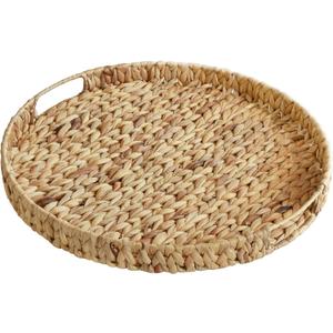 Round Extra Large Ottoman Table Tray 19.7" with Handles - Water Hyacinth Wicker Serving Tray for Farmhouse Decorative Oversized Coffee Table Trays Living Room Kitchen Counter Breakfast (Flush Edge)