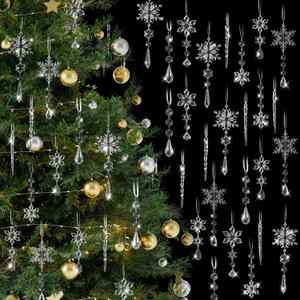 100 Pcs Christmas Tree Decoration Crystal Ornaments Hanging Snowflake Icicle Drop Crystal Christmas Ornaments for Tree Winter Wonderland Party Supplies (Clear)