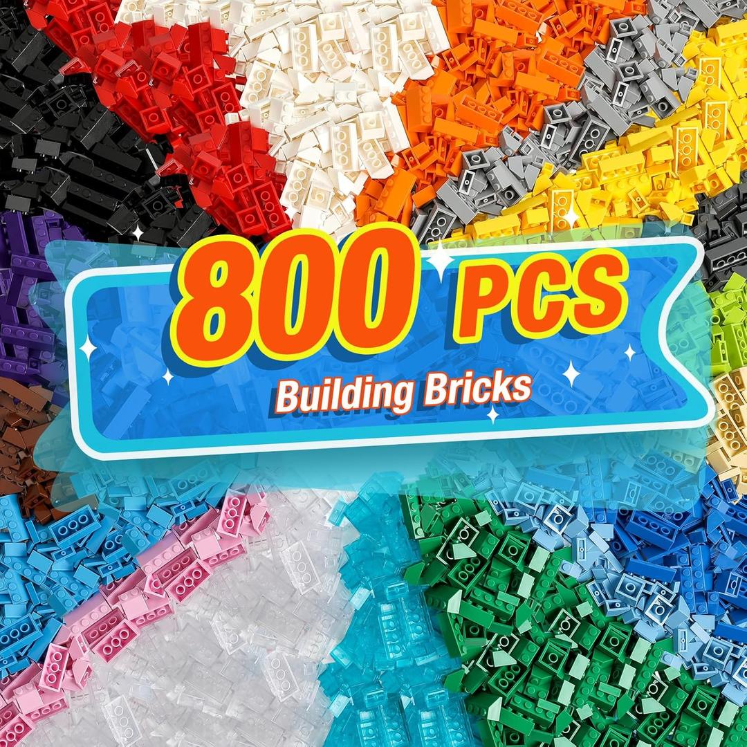 800 Pieces Building Bricks, 5 Sizes Building Pieces, Classic Slope Block Bulks - Compatible with All Major Brands, 18 Colors