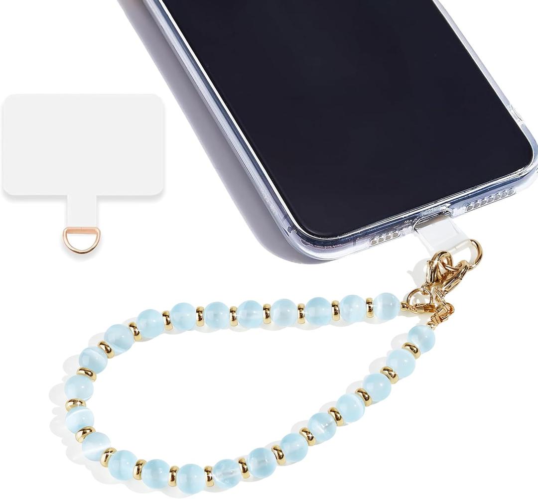 Marble Beaded Phone Wrist Strap,Detachable Phone Bracelet Strap with Tether Tab,Hands-Free Wristlet Strap (Light Blue Cat's Eye)