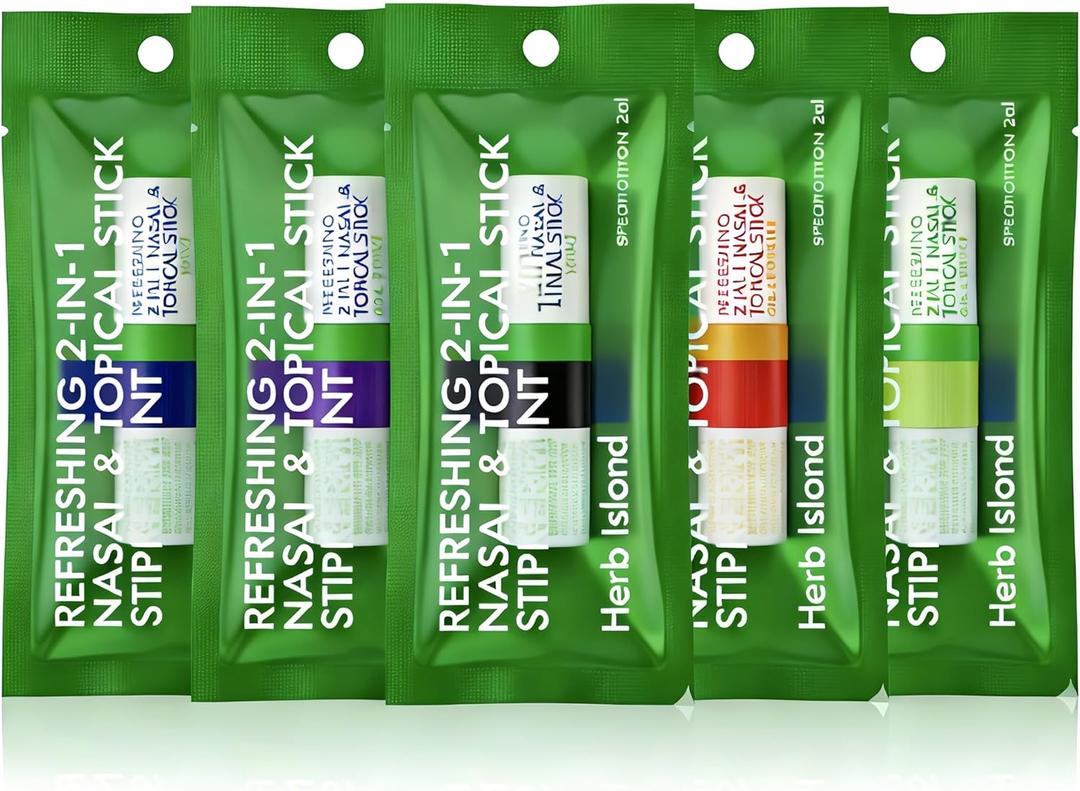 Herb Island 2 in 1 Nasal Stick Inhaler, Nose Refreshing VapoInhaler, Essential Oil Rub, On-The-Go, Freshing, Focus, Awake (5 Pack Mix)