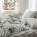 FOSSA Striped Duvet Cover Set 100% Washed Cotton Linen Feel Super Soft Breathable Cozy 3 Pieces Bedding Sets Heathered Green Classic Stripes Queen