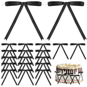 60 Pcs Twist Tie Bows Black Bows for Cake Decorating, Satin Ribbon Bows for Gift Wrapping Crafts Treat Bags, 5 x 7 Inch