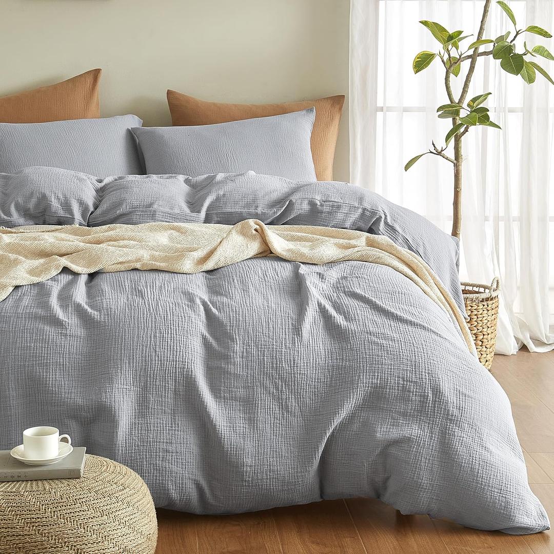 SE SOFTEXLY Muslin Duvet Cover Queen Size, 100% Washed Cotton Duvet Cover Set, Ultra Soft Comforter Cover Linen Like, 3 Pieces Minimalist Gauze Duvet Cover with 2 Pillowcases, 90"x90", Light Grey