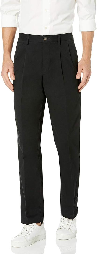 Amazon Essentials Men's Classic-Fit Wrinkle-Resistant Pleated Chino Pants, Black 44W x 30L