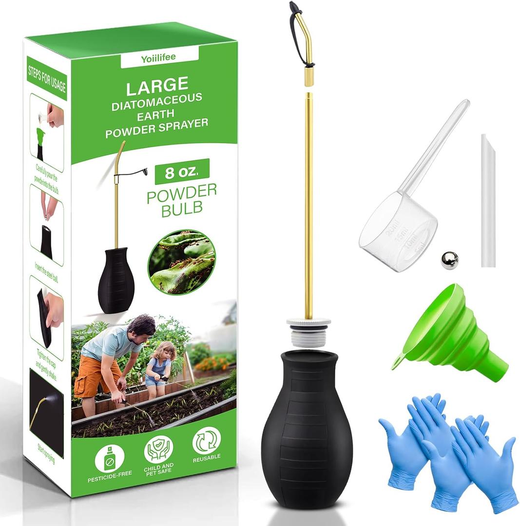 Diatomaceous Earth Duster Powder Sprayer, Garden Bulb Applicator Dispenser with Long Metal Tube,Insect Powder Dispenser for Organic Gardening and Home Use