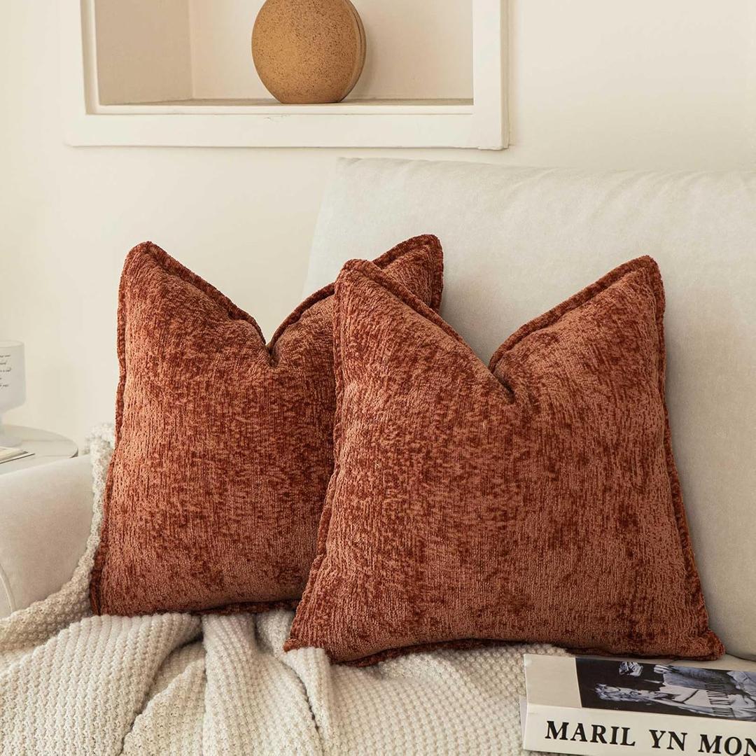 WACOMECO Neutral Chenille Throw Pillow Covers, Pack of 2 Soft Textured Accent Decorative Cushion Covers for Couch Sofa Bed Home Decoration,18x18 Inch, Burnt Orange