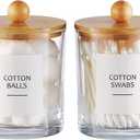 Glass Apothecary Jars with Bamboo Lids for Bathroom Organization, Q tip Holder and Cotton Ball Holder are Great for Farmhouse Decor, Rustic Bathroom Decor-2 Pack