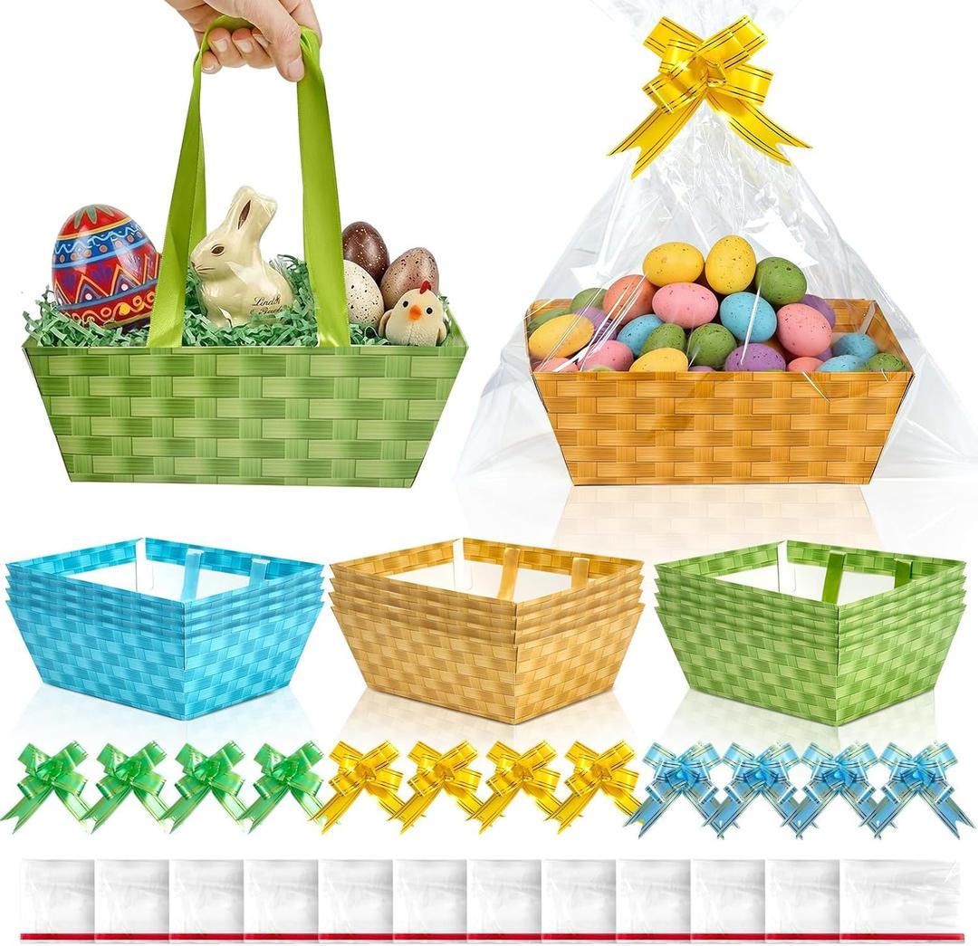 APUDWN 12 Pack Gift Baskets with Handles, Pastel Paper Baskets with Cellophane Bags and Pull Bows, Colorful Gift Containers for Candy Snacks Party Favors Classroom Supplies 9.8 x 7.9 x 3.5 Inch