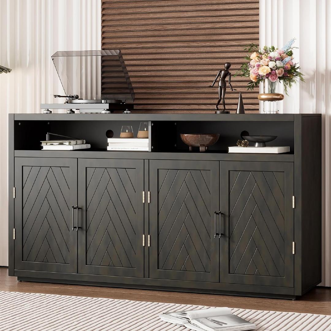 Merax Sideboard Buffet Cabinet with Storage Open Adjustable Shelves and Unique Grooved Lines Pattern, Retro Kitchen Cupboard Media Console Table for Coffee Bar, Dining Room& Living Room, Black