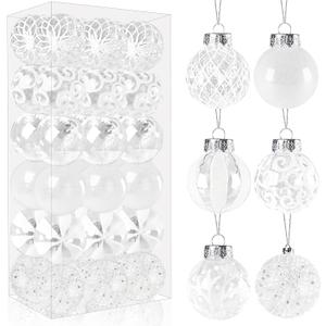 36 Pcs White Christmas Ball Ornaments,60mm/2.36" Shatterproof Foam Christmas Decorations,Clear Plastic Glitter Hanging Balls for Xmas Tree,Holiday,Party,Home Decor(6 Styles)