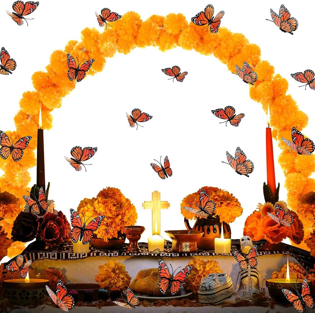 Day of The Dead Marigold Arch Kit Includes 25 ft Artificial Marigold Flowers Garland 12ft Table Balloon Arch Kit with 25 Clips and 12 Pcs 3D Butterfly for Dia de Los Muertos Altar
