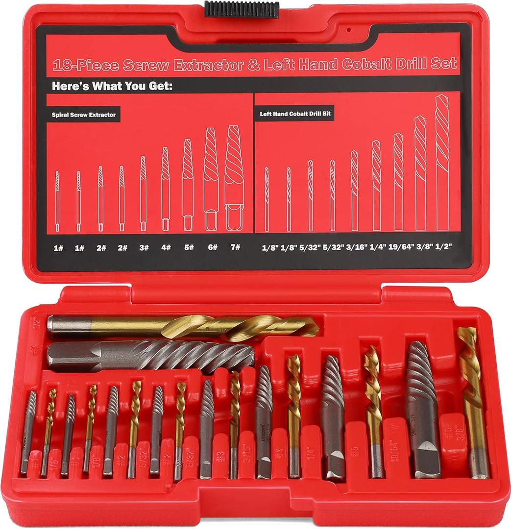 18Pcs Screw Extractor Set and Left Hand Drill Bits Set, Easy Out Broken Bolt Remover Reverse 35#CR-MO 6542/4341 HSS Steel Cobalt, Bolt Extractor Kit for Removing Stripped Screws,Bolts