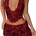 SHENHE Women's Skirt Set Y2k 2 Piece Outfits Leopard Halter Backless Top and Animal Ruffle Mini Skirt Sets (Medium, Deep Red)