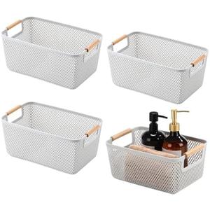 Ziliny 4 Pcs Plastic Mesh Baskets with Handles - Mesh Storage Organizer Bin Container Baskets for Home Organizing Pantry Closet Cabinet Kitchen Fridge Fruit Snacks Gifts, Grey(Small)