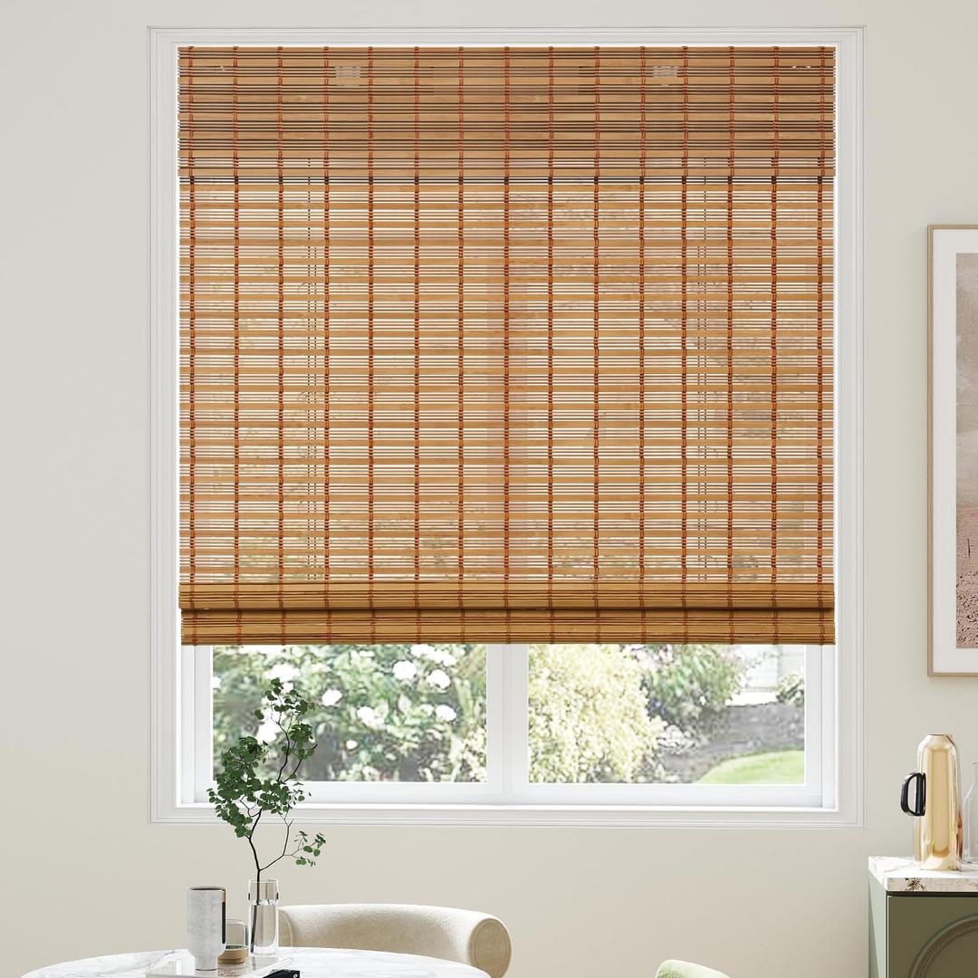 AGESISI Bamboo Roman Shades with Valance Cover, Cordless Blinds for Indoor Windows, Light Filtering Woven Wood Shades for Home & Patio, Privacy Protection, 27" W x 64" H, Carbonized