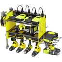 CCCEI Modular Power Tool Organizer Wall Mount Charging Station, Green 6 Drills Holder with 8 Plug Power Strip 6FT, Garage Drill Battery Heavy Duty Metal Shelf, Utility Rack with Hooks, Side Storage.