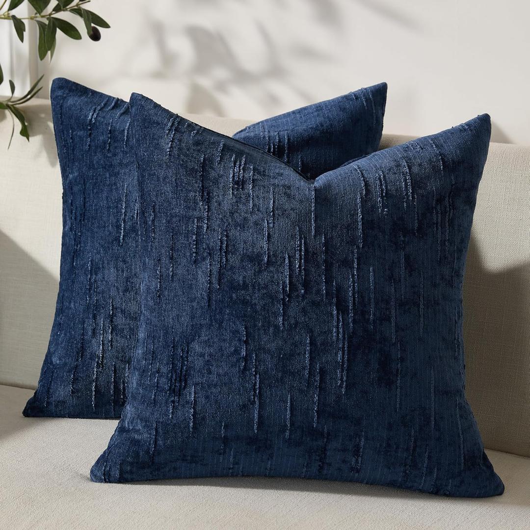 Set of 2 Summer Decorative Throw Pillow Cover 18x18, Solid Farmhouse Neutral Cushion Covers with Hidden Zipper, Soft Textured Throw Pillows for Bedroom Living Room Couch, Blue