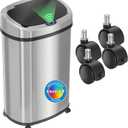 iTouchless SensorCan 50 Liter / 13 Gallon Kitchen Trash Can with Wheels & Odor Filter  Mobile Motion Sensor Stainless Steel Garbage Bin for Home, Office, Garage, Slim Oval Shape Large Capacity Design (Light Silver, Solid Black 13 Gal)