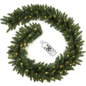 9FT Pre-Lit Artificial Christmas Garland with Dual Color LED Lights and Timer by Remote Control and Batteries Operated, Holiday Decorations, for Indoor Door Home Stairs Fireplaces Wall