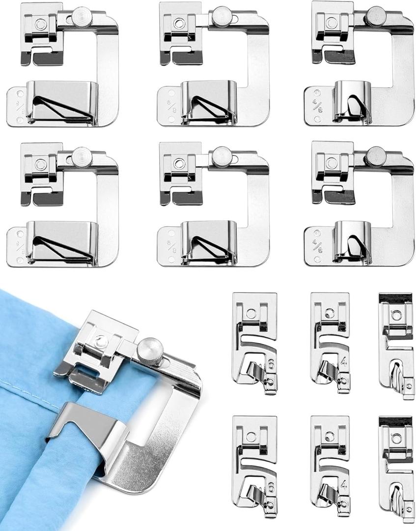 QWORK Sewing Machine Feet, 6 Pcs Narrow Rolled Hem Foot(3/4/6mm), 6 Pcs Wide Rolled Hem Presser Foot (4/8,6/8,8/8inch), Sewing Accessories