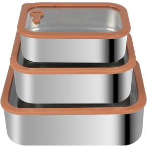 304 Stainless Steel Food Storage Containers - Heat-Resistant Glass Lid Set for Secure Meal Prep, Ideal for Cooking, Office & Camping (3pcs-21 oz, 42 oz and 70 oz)