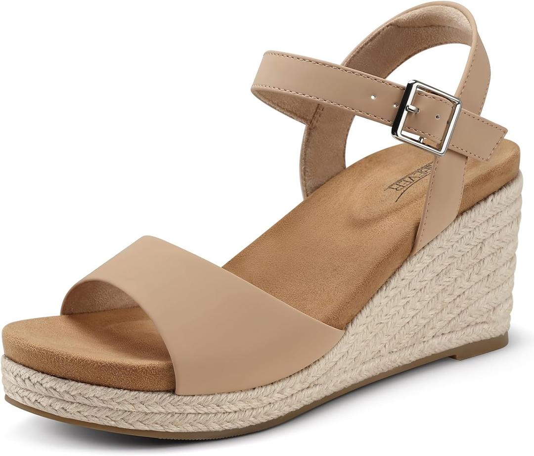 SHIBEVER Women's Wedge Platform Sandals: Espadrille Dressy Comfortable Summer Open Toe Ankle Strap Buckle Women Sandal (7, Nude)