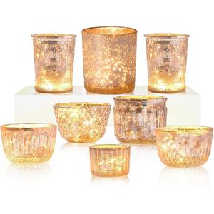 8PCS Gold Mercury Glass Candle Holder, Assorted Mercury Glass