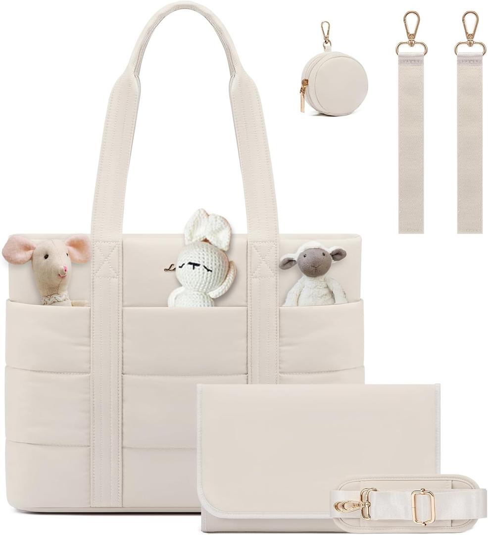 LOVEVOOK Diaper Bag Tote, 15.6inch Puffer Baby Diaper Bag Waterproof Travel Diaper Tote with Changing Pad Pacifier Case (Off-white)