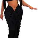Tcremisa Women's Sexy Summer 2 Piece Vacation Outfits Stretch Off Shoulder Tube Top and Long Ruched Skirts Suit Set (Black), Small