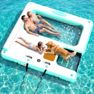 FBSPORT Inflatable Floating Dock with Water Hammock Dog Boat Ramp for Lake, 8ft Lake Floats for Adults Inflatable Island Platform Water Raft with Ladder, Tanning Pool Lounger for Sea Dock Boat, 8ft*8ft*0.5ft
