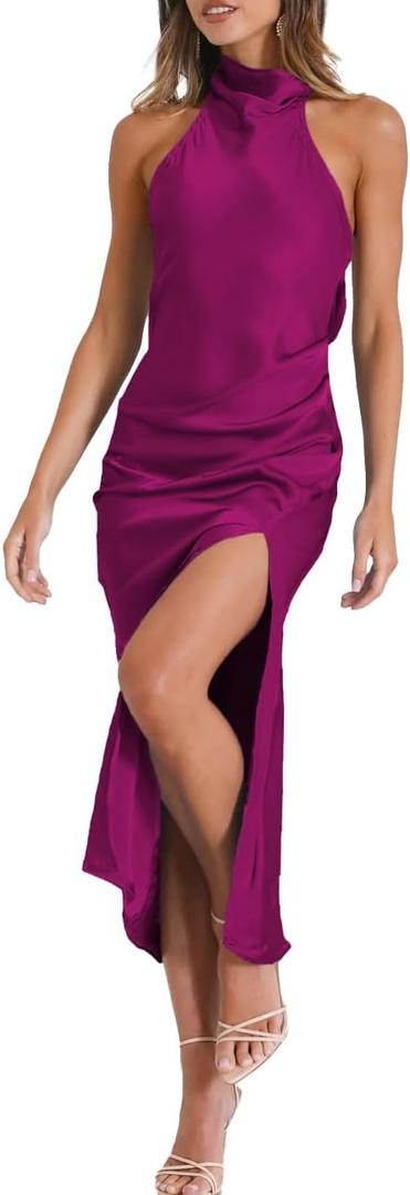 Satin Halter Backless Silt Midi Dress for Women 2024 Elegant Formal High Neck Cowl Back Silk Wedding Guest Sexy Dresses (Large, Fuchsia)