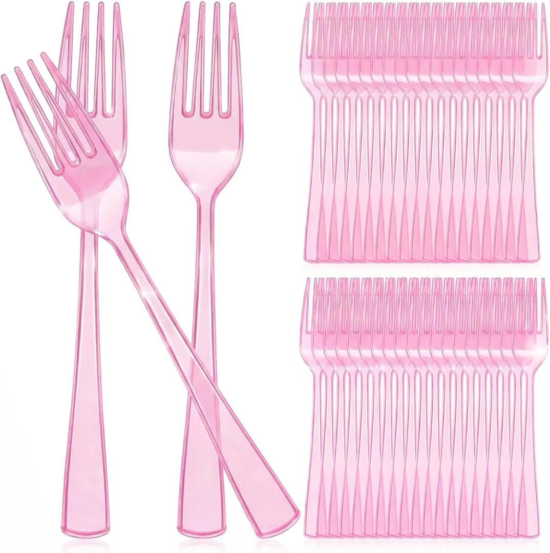Minatee 50 Pcs Plastic Forks Disposable Cutlery Heavy Duty Dinnerware Plastic Silverware Flatware for Parties Supplies Dessert Picnics Holiday House(Pink)